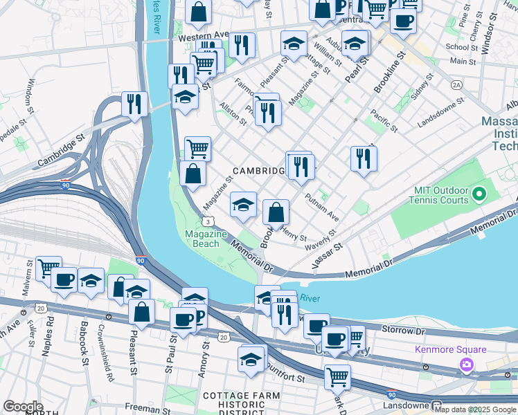map of restaurants, bars, coffee shops, grocery stores, and more near 1 Pearl Street Place in Cambridge