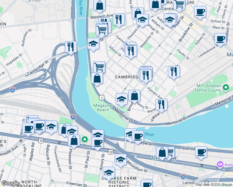 map of restaurants, bars, coffee shops, grocery stores, and more near 17 Glenwood Avenue in Cambridge