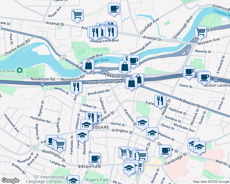 map of restaurants, bars, coffee shops, grocery stores, and more near 225 Parsons Street in Boston