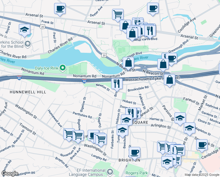 map of restaurants, bars, coffee shops, grocery stores, and more near 12-14 Woodmont Street in Boston