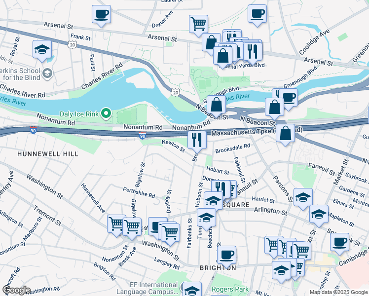 map of restaurants, bars, coffee shops, grocery stores, and more near 12-14 Woodmont Street in Boston