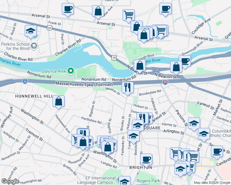 map of restaurants, bars, coffee shops, grocery stores, and more near 40 Newton Street in Boston