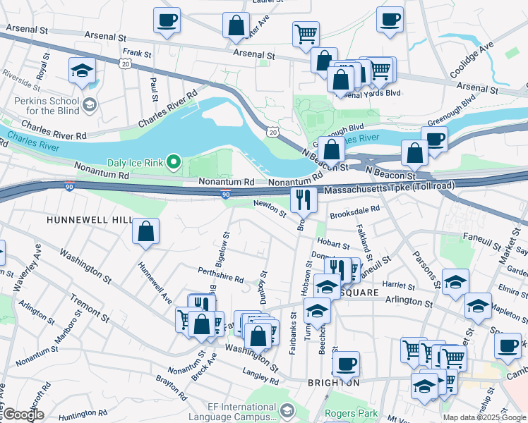 map of restaurants, bars, coffee shops, grocery stores, and more near 40 Newton Street in Boston