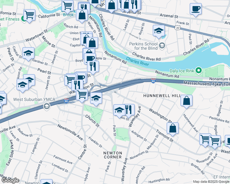 map of restaurants, bars, coffee shops, grocery stores, and more near in Newton