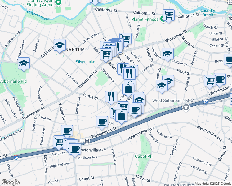 map of restaurants, bars, coffee shops, grocery stores, and more near 92 Hawthorn Street in Newton