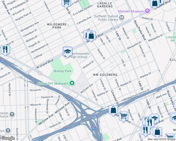 map of restaurants, bars, coffee shops, grocery stores, and more near 2730 Wreford Street in Detroit