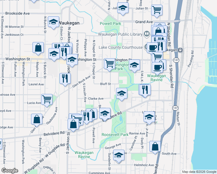 map of restaurants, bars, coffee shops, grocery stores, and more near 562 Bluff Street in Waukegan