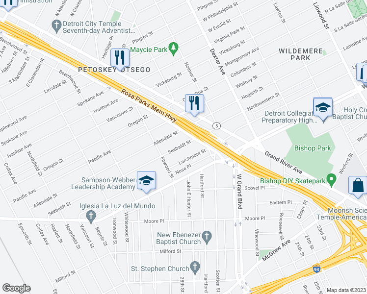 map of restaurants, bars, coffee shops, grocery stores, and more near 4289 Seebaldt Street in Detroit