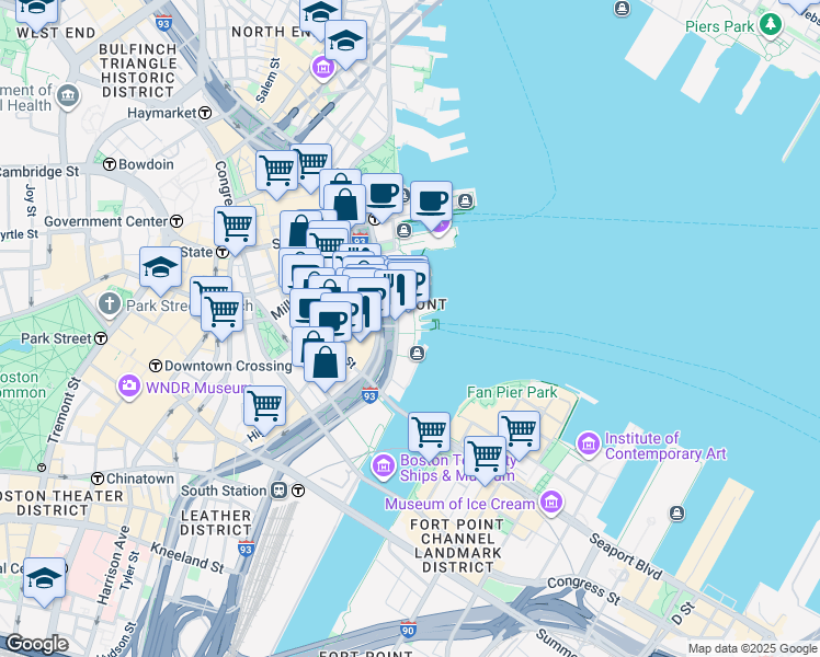 map of restaurants, bars, coffee shops, grocery stores, and more near 50 Rowes Wharf in Boston
