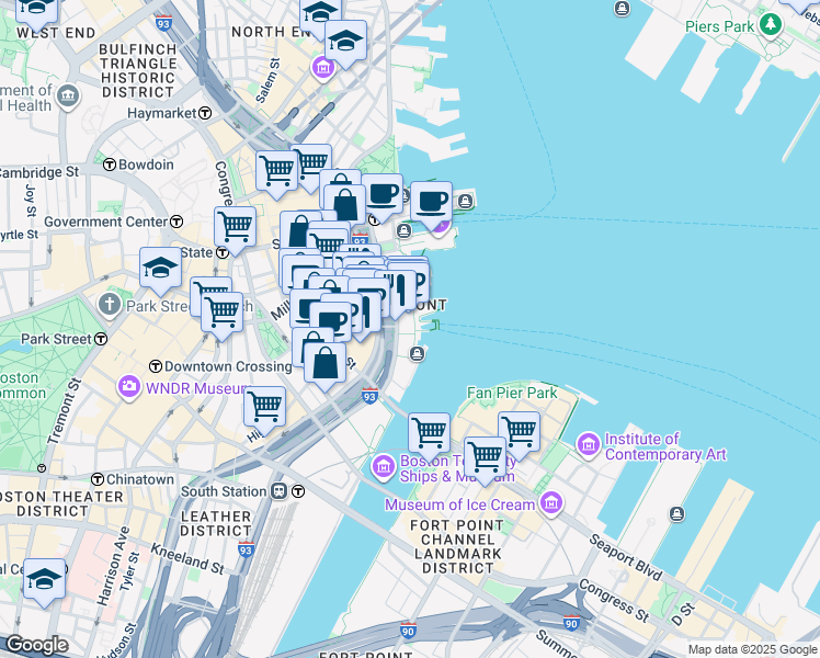 map of restaurants, bars, coffee shops, grocery stores, and more near 50 Rowes Wharf in Boston