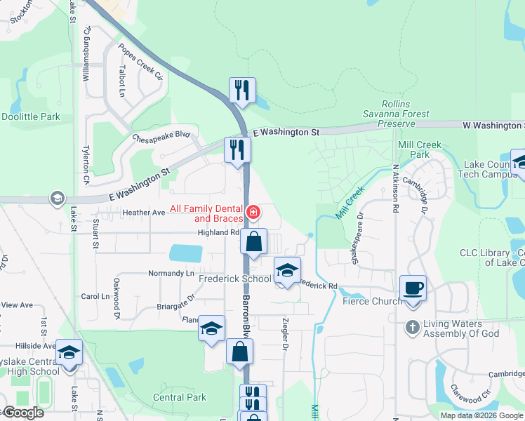 map of restaurants, bars, coffee shops, grocery stores, and more near 720 Brittany Square in Grayslake