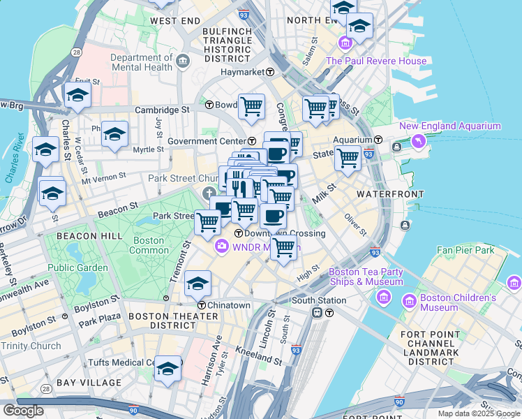 map of restaurants, bars, coffee shops, grocery stores, and more near 340 Washington Street in Boston