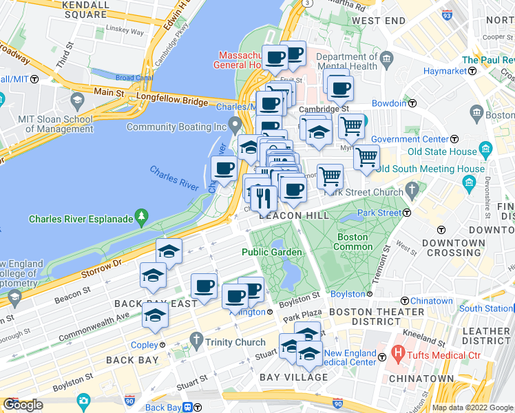 map of restaurants, bars, coffee shops, grocery stores, and more near Chestnut St & Brimmer St in Boston