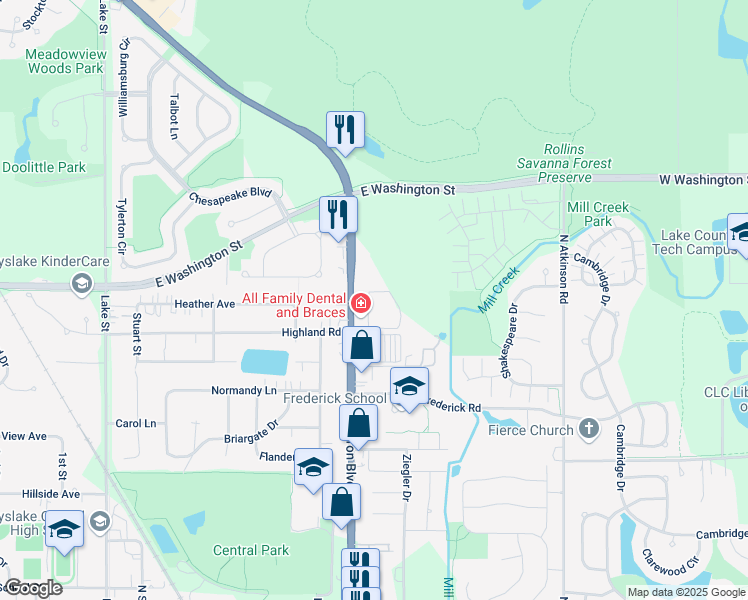 map of restaurants, bars, coffee shops, grocery stores, and more near 720 Brittany Square in Grayslake