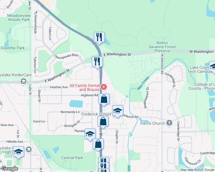 map of restaurants, bars, coffee shops, grocery stores, and more near 720 Brittany Square in Grayslake