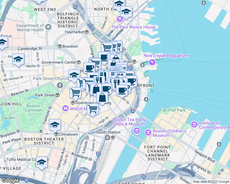 map of restaurants, bars, coffee shops, grocery stores, and more near 1 Post Office Square in Boston