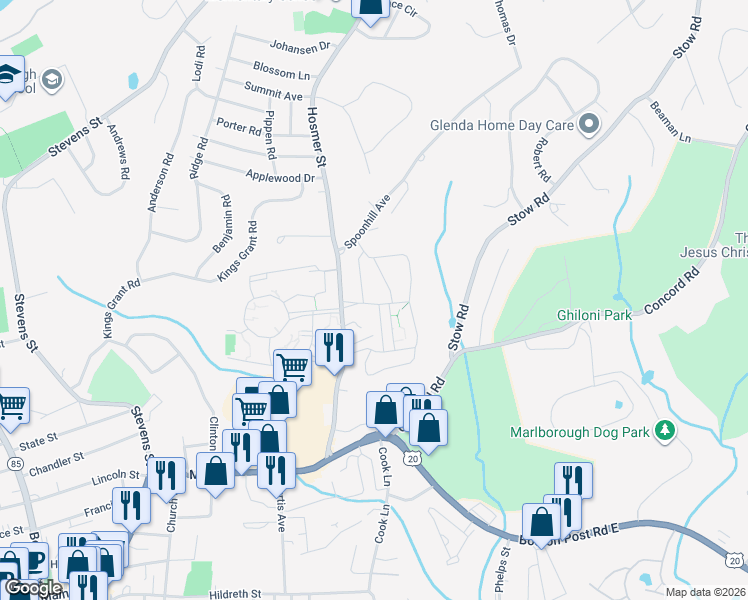 map of restaurants, bars, coffee shops, grocery stores, and more near 159 Hosmer Street in Marlborough
