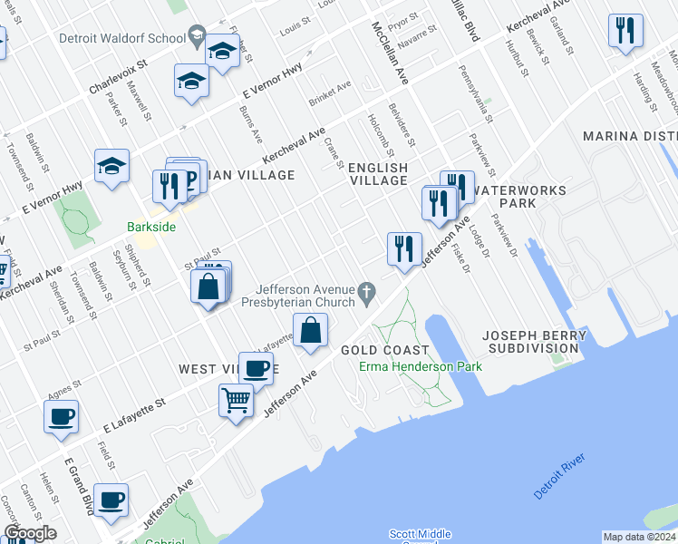 map of restaurants, bars, coffee shops, grocery stores, and more near 1038 Burns Street in Detroit