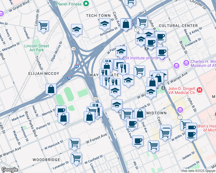 map of restaurants, bars, coffee shops, grocery stores, and more near 5201 Anthony Wayne Drive in Detroit