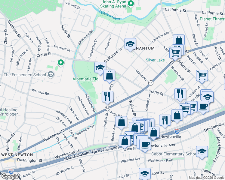 map of restaurants, bars, coffee shops, grocery stores, and more near 356 Linwood Avenue in Newton