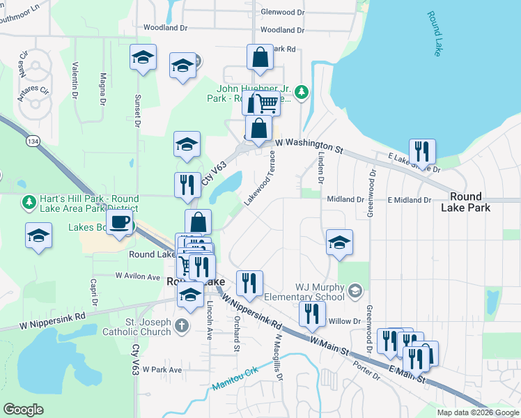map of restaurants, bars, coffee shops, grocery stores, and more near 426 Alpine Drive in Round Lake
