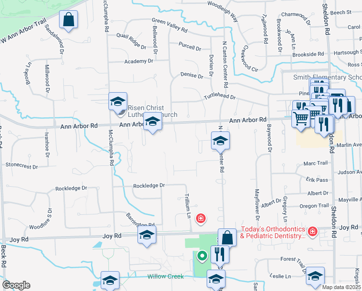 map of restaurants, bars, coffee shops, grocery stores, and more near 45801 Ann Arbor Road in Plymouth