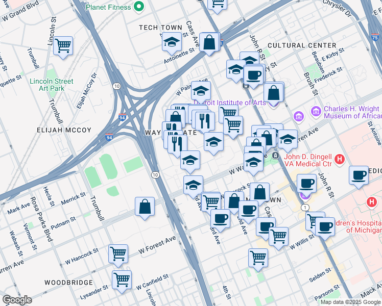 map of restaurants, bars, coffee shops, grocery stores, and more near 695 Williams Mall in Detroit