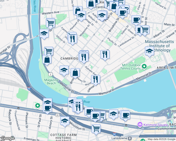 map of restaurants, bars, coffee shops, grocery stores, and more near 14 Putnam Court in Cambridge