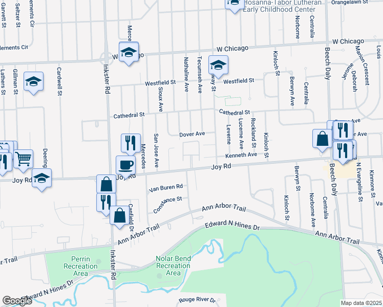 map of restaurants, bars, coffee shops, grocery stores, and more near 26720 Joy Road in Redford Charter Township