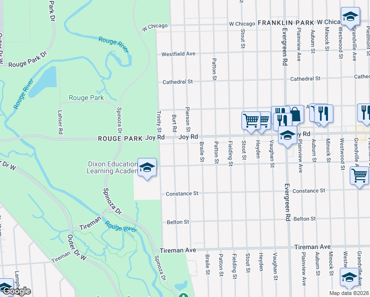 map of restaurants, bars, coffee shops, grocery stores, and more near 20725 Joy Road in Detroit