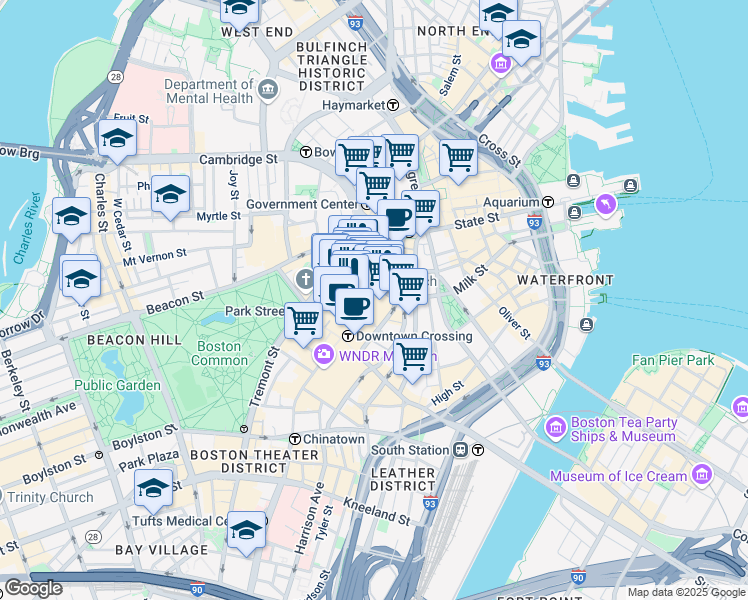 map of restaurants, bars, coffee shops, grocery stores, and more near 344 Washington St in Boston
