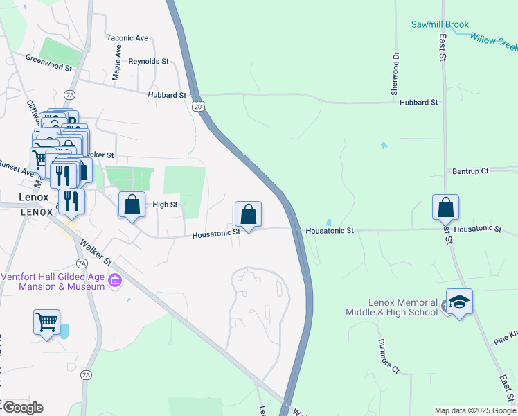 map of restaurants, bars, coffee shops, grocery stores, and more near 197 Housatonic Street in Lenox