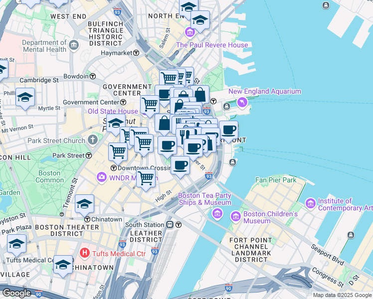map of restaurants, bars, coffee shops, grocery stores, and more near 260 Franklin Street in Boston