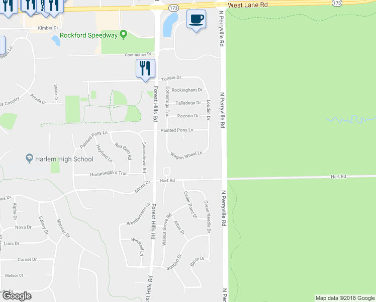 map of restaurants, bars, coffee shops, grocery stores, and more near 5366 Wagon Wheel Lane in Loves Park