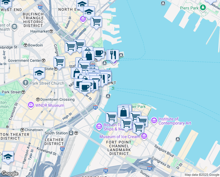 map of restaurants, bars, coffee shops, grocery stores, and more near 350 Atlantic Avenue in Boston