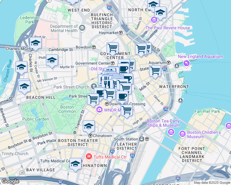 map of restaurants, bars, coffee shops, grocery stores, and more near 60 School Street in Boston