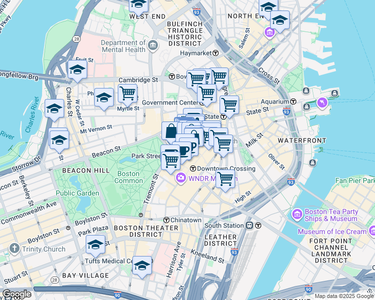 map of restaurants, bars, coffee shops, grocery stores, and more near 69 Bromfield Street in Boston