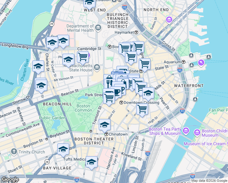 map of restaurants, bars, coffee shops, grocery stores, and more near in Boston