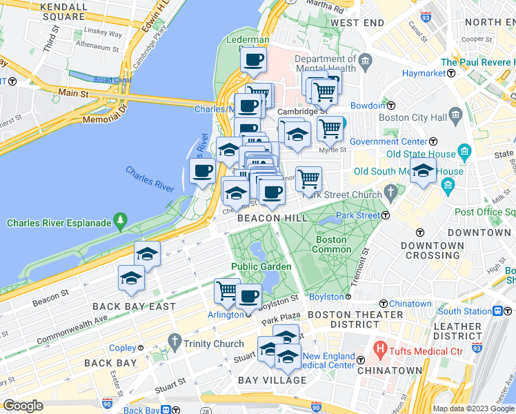 map of restaurants, bars, coffee shops, grocery stores, and more near 34 Charles Street in Boston