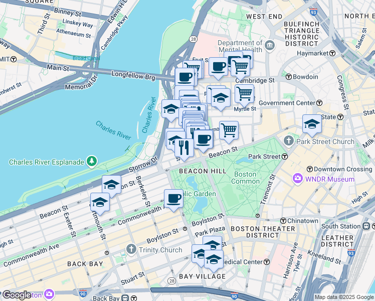 map of restaurants, bars, coffee shops, grocery stores, and more near 34 Charles Street in Boston