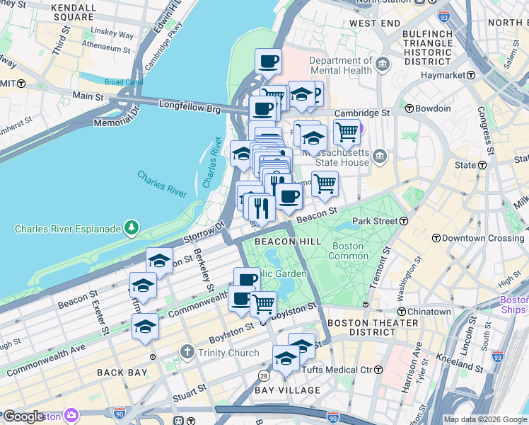map of restaurants, bars, coffee shops, grocery stores, and more near 36 Lime Street in Boston