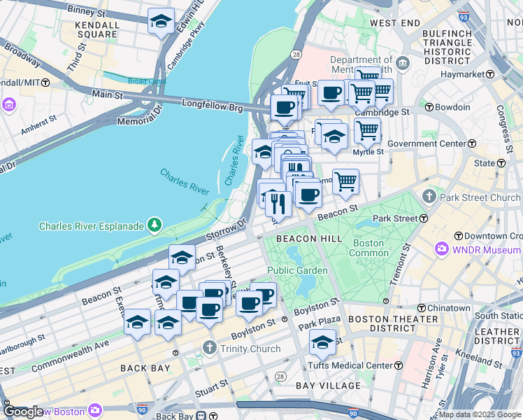 map of restaurants, bars, coffee shops, grocery stores, and more near in Boston