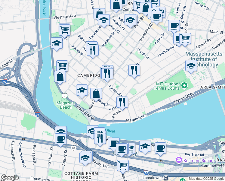 map of restaurants, bars, coffee shops, grocery stores, and more near in Cambridge
