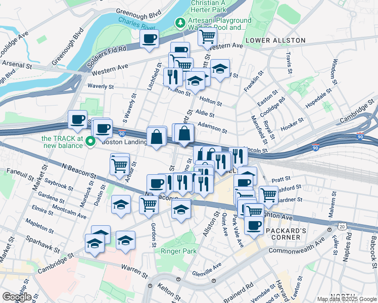 map of restaurants, bars, coffee shops, grocery stores, and more near 214 Lincoln Street in Boston