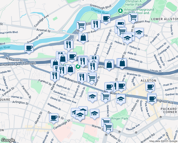 map of restaurants, bars, coffee shops, grocery stores, and more near 92 Guest Street in Boston