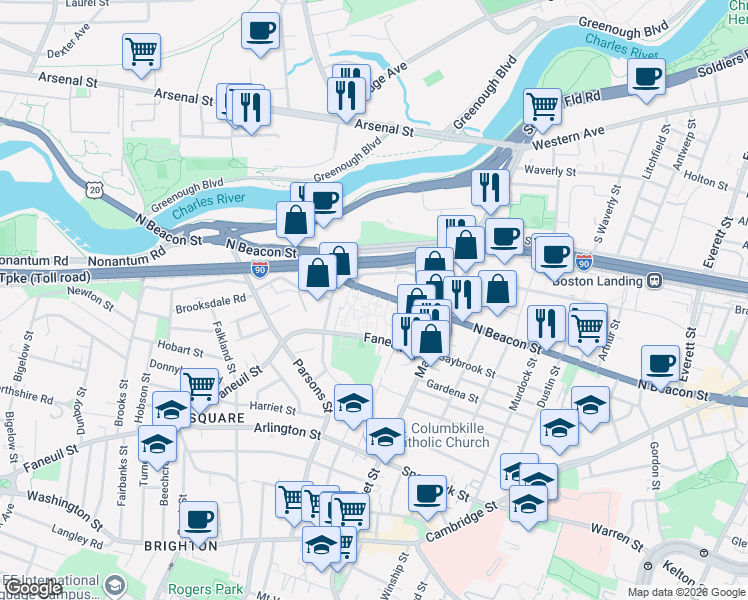 map of restaurants, bars, coffee shops, grocery stores, and more near in Boston