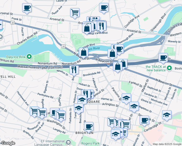 map of restaurants, bars, coffee shops, grocery stores, and more near 45 Riverview Road in Boston