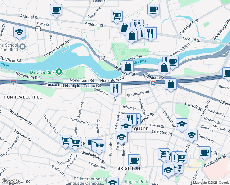map of restaurants, bars, coffee shops, grocery stores, and more near 12-14 Woodmont Street in Boston
