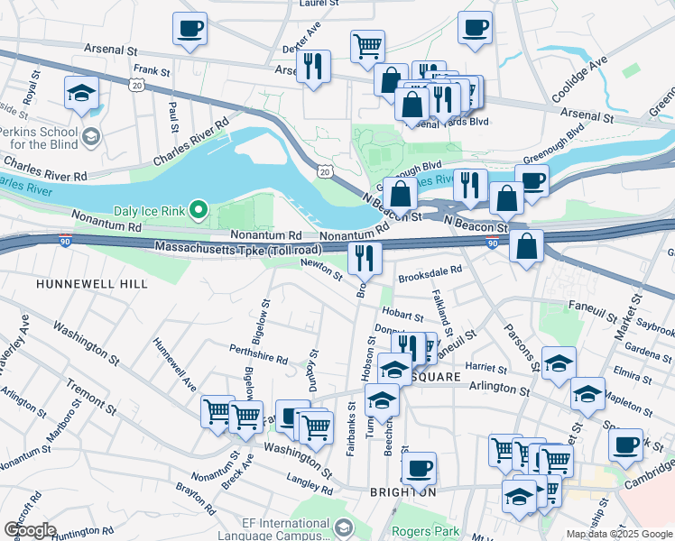 map of restaurants, bars, coffee shops, grocery stores, and more near 12-14 Woodmont Street in Boston