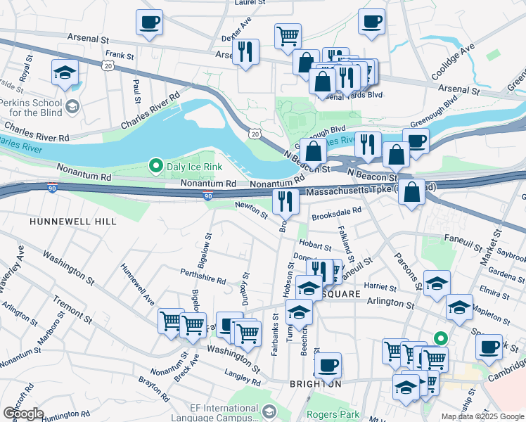 map of restaurants, bars, coffee shops, grocery stores, and more near 12-14 Woodmont Street in Boston